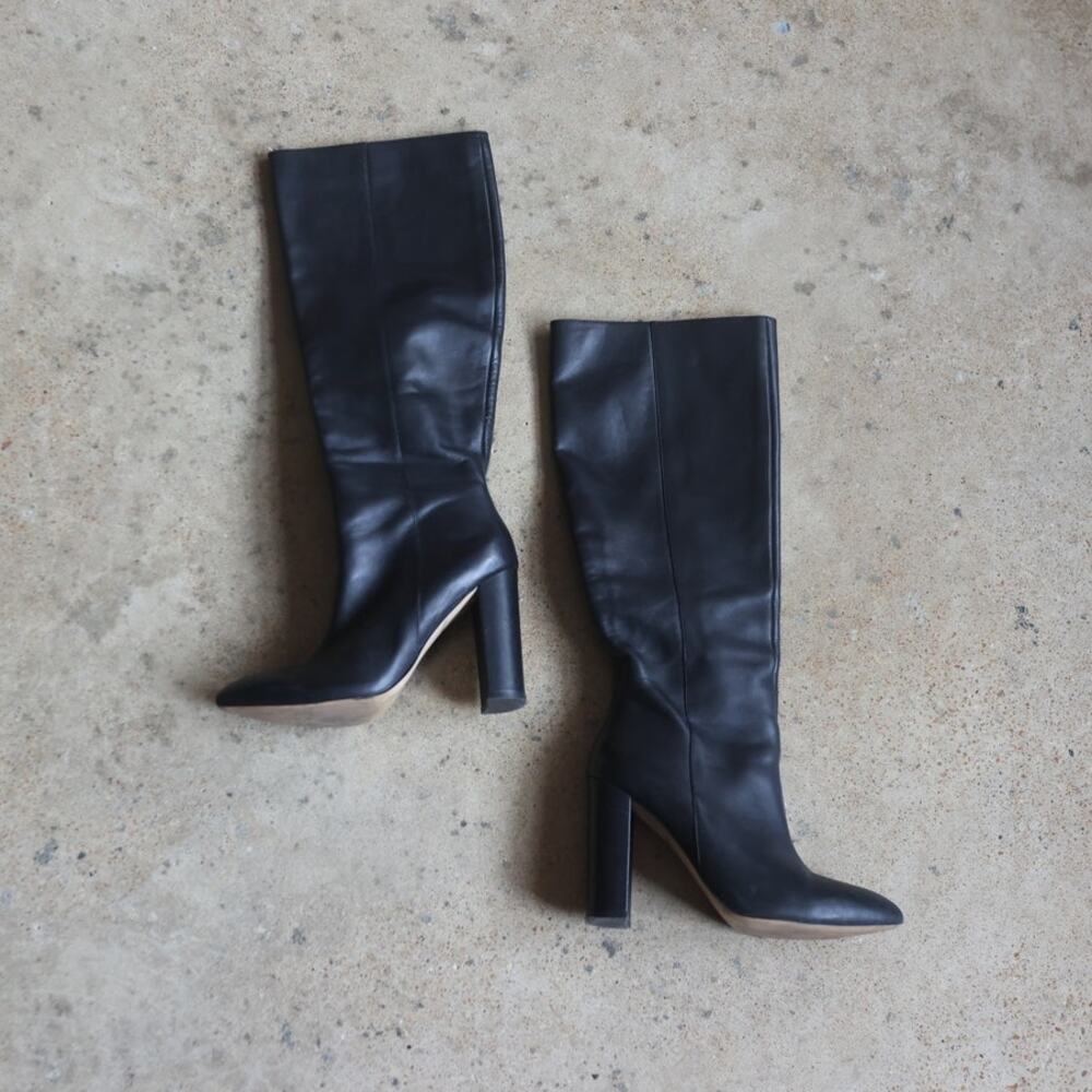 Villa Rouge Klark Black Leather Knee High Boots Size 8 Pointed Toe Block Heel
